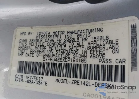 2013 Toyota Corolla S из США, поврежденный, VIN 5YFBU4EEXDP194105